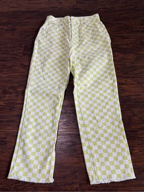 PacSun Women's Green & White Checkered High Rise Straight Cut-Off Jeans Size 26